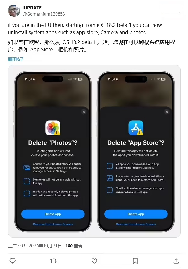 淄川苹果手机维修分享iOS 18.2 支持删除 App Store 应用商店 